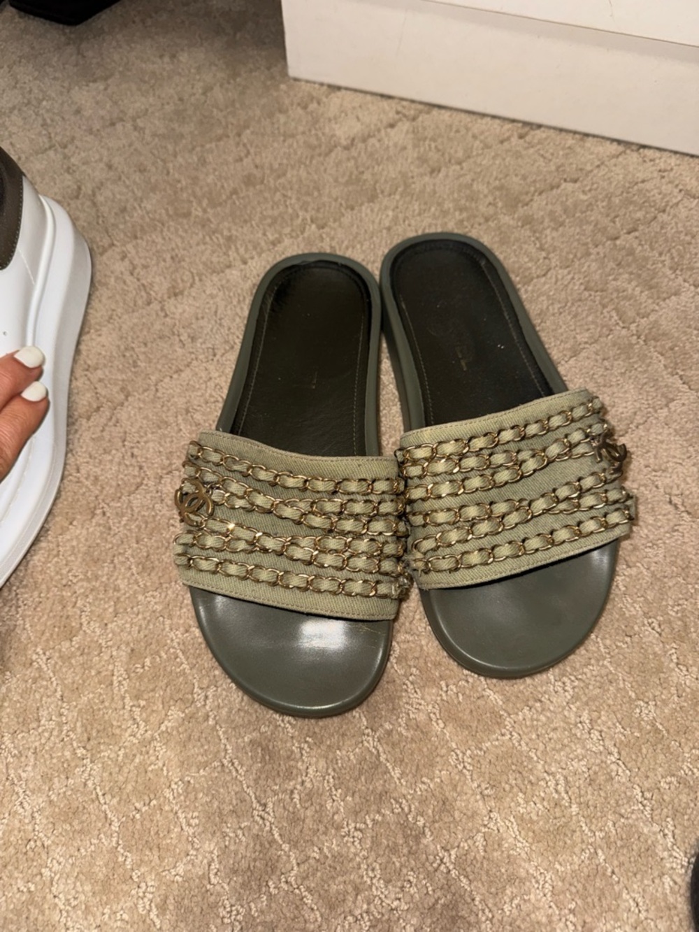 CHANEL Olive Green Slide Sandals with Gold Chain Trim